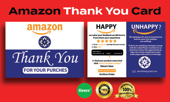 Gig Preview - Do amazon thank you card, product insert, package insert and gift card design