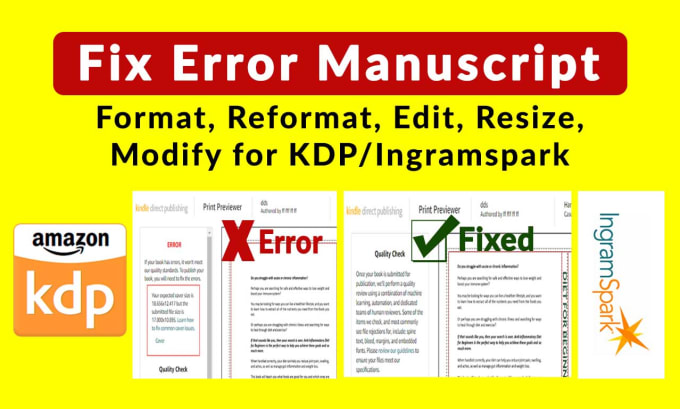 Gig Preview - Fix error manuscript, cover, format, reformat, resize, modify, edit book cover