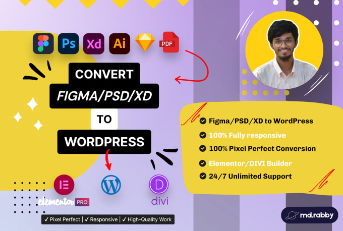 Gig Preview - Convert figma, psd, xd to wordpress website using elementor