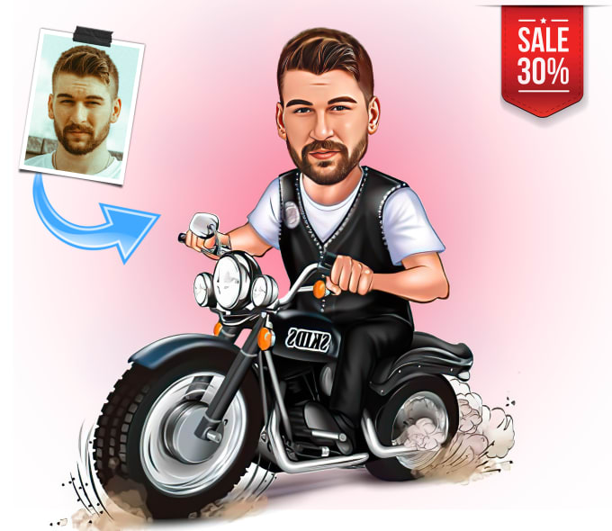 Gig Preview - Draw super caricature motorcyclist,gift for motorcycle riders