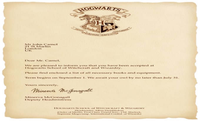 Gig Preview - Create coustom harry potter hogwarts acceptance letter