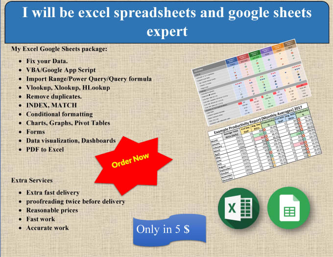 Gig Preview - Be excel spreadsheets and google sheets expert