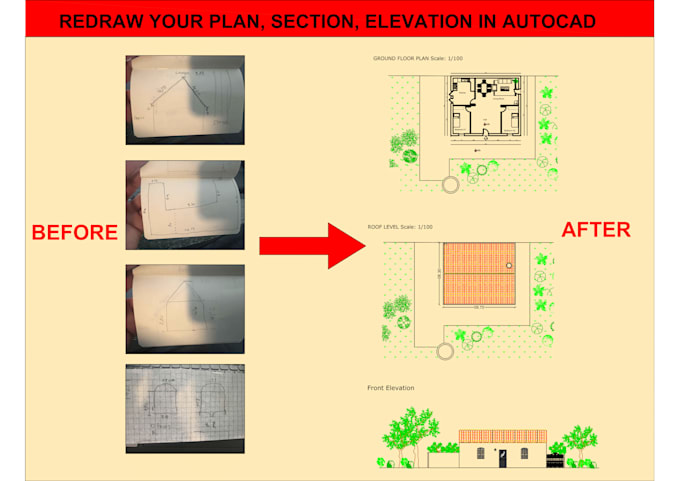 Gig Preview - Redraw plans, elevations, sections in autocad in 4 hours