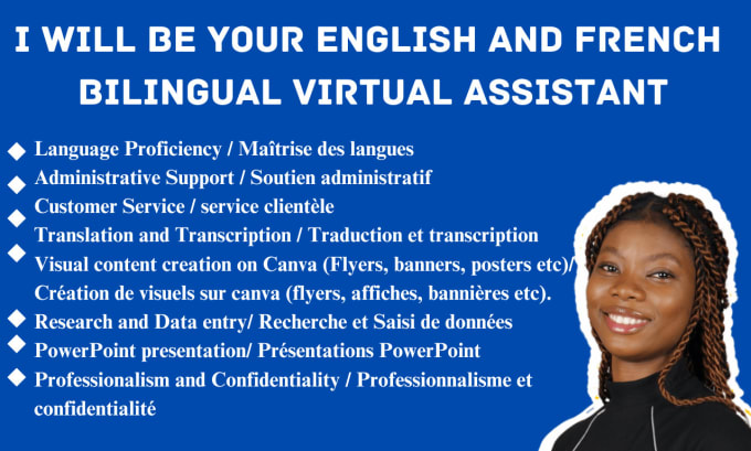 Gig Preview - Be your english and french bilingual virtual assistant