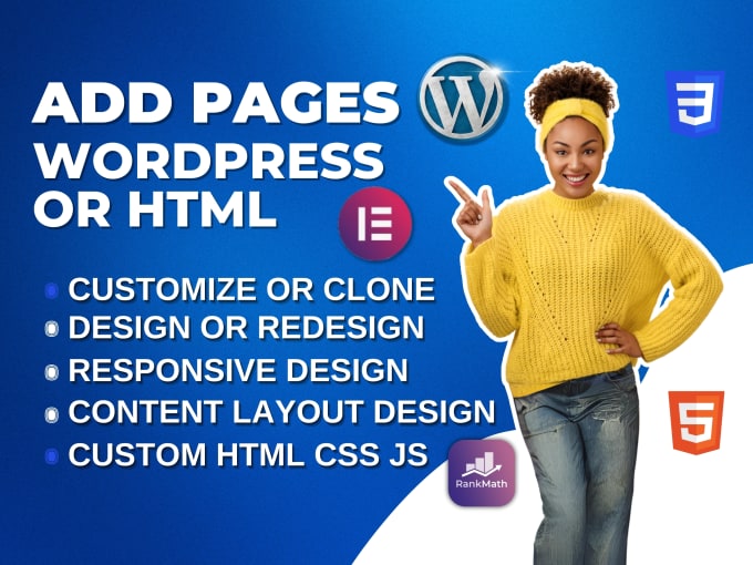 Gig Preview - Add custom pages, customize, clone, design, redesign HTML or wordpress website