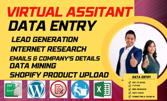 Gig Preview - Data entry web research, virtual assistant, lead generation