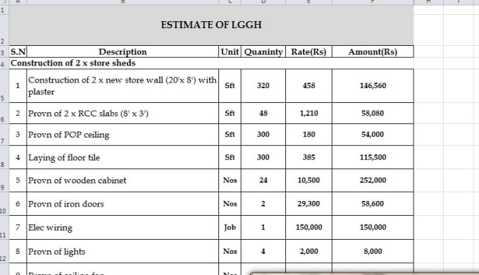 Gig Preview - Do construction quote format in microsoft excel