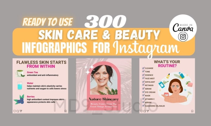 Gig Preview - Do 300 skincare and beauty infographics instagram posts with canva source file