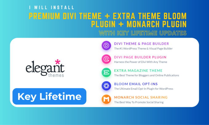 Gig Preview - Install the premium divi theme, theme extra, bloom, monarch with lifetime