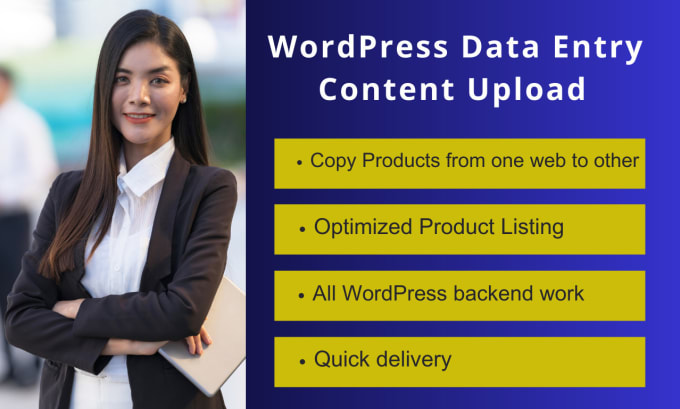 Gig Preview - Be your wordpress VA upload content, post articles, list products, blog posts