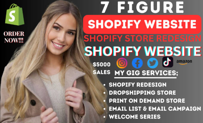 Gig Preview - Set up 7 figures shopify website, design and redesign shopify store dropshipping