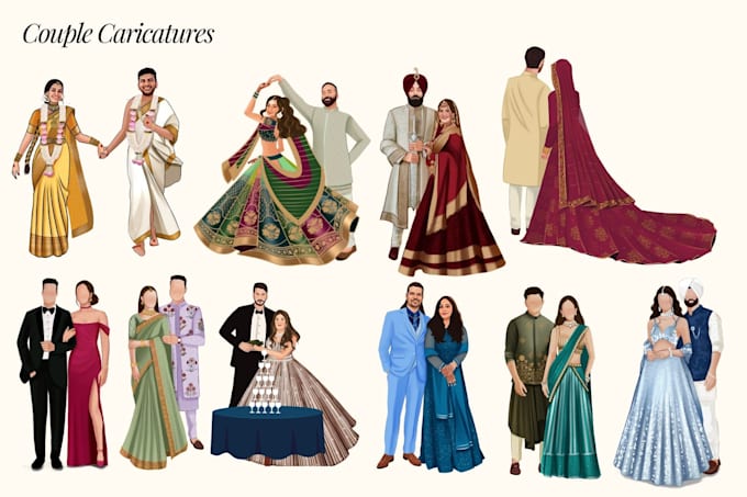 Gig Preview - Draw indian wedding couple caricatures, wardrobe planner