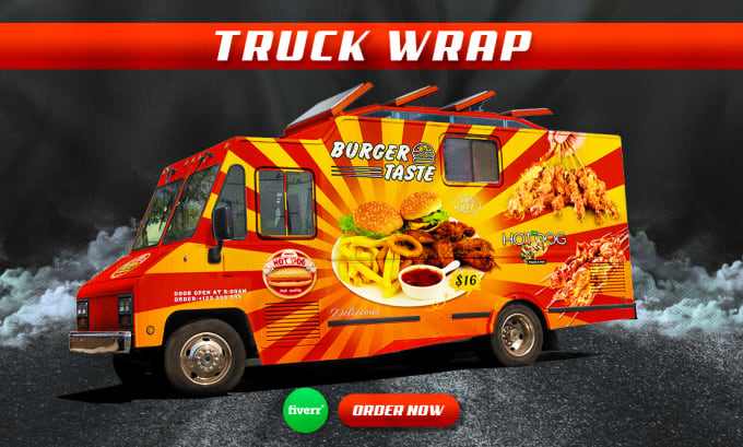 Gig Preview - Do truck wrap, food truck wrap, BBQ, pizza logo, upper terrace, grill, deck