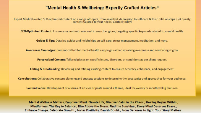 Gig Preview - Write seo mental health or self help well researched article