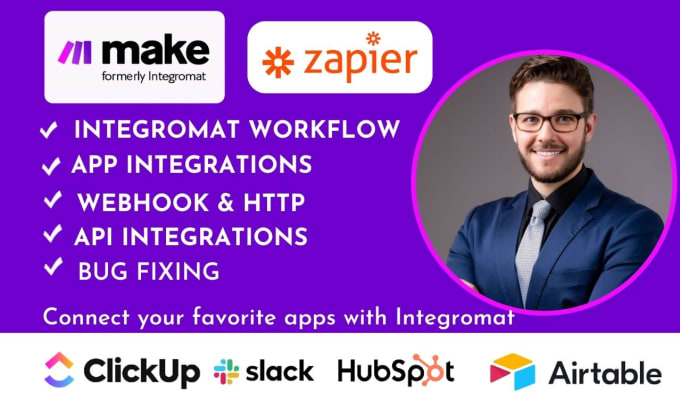 Gig Preview - Integromat integration zapier webhooks for API, CRM to automate your workflows