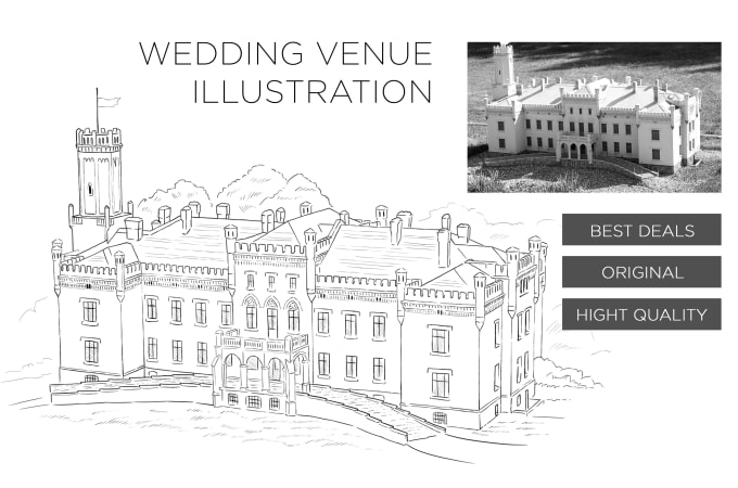 Gig Preview - Draw custom wedding venue illustration in pen ink style