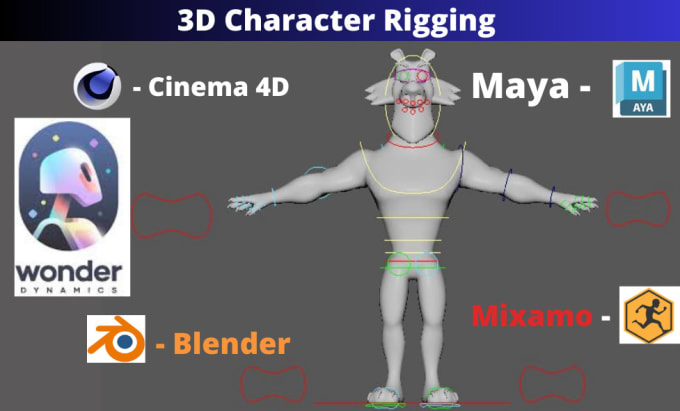 Gig Preview - Do 3d character rigging in maya, cinema 4d, blender, wonder dynamics, studio