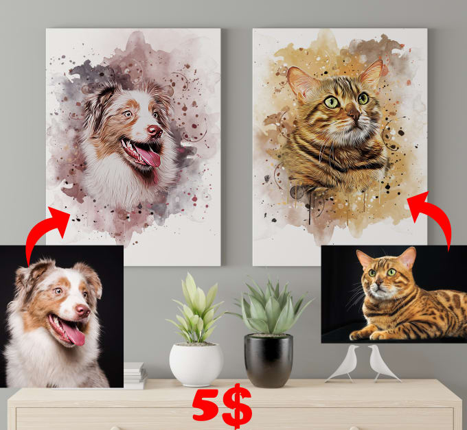 Gig Preview - Do custom digital painting watercolor portrait of your pets and family