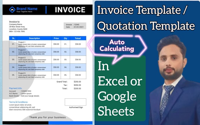 Gig Preview - Create dynamic invoice template, quotation in excel and google sheets