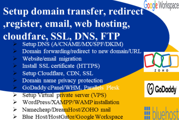 Gig Preview - Setup domain transfer, redirect ,register, email, web hosting, cloudfare,SSL,dns