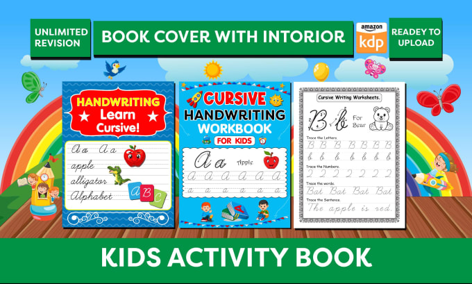 Bestseller - design cursive handwriting kids activity book covers and interiors for KDP