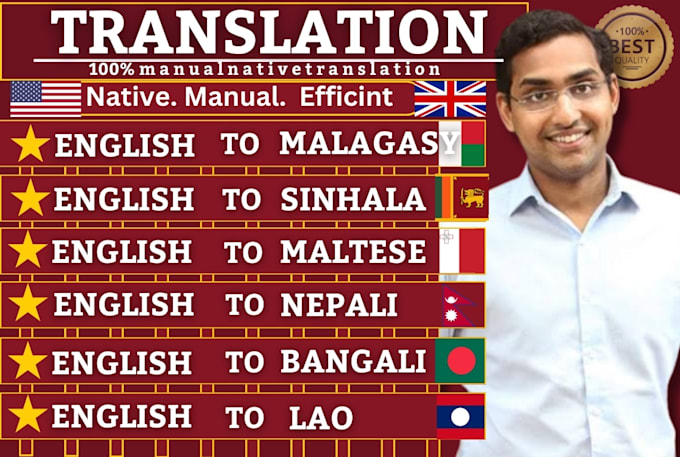 Gig Preview - Translate english to malagasy sinhala maltese nepali bengali lao