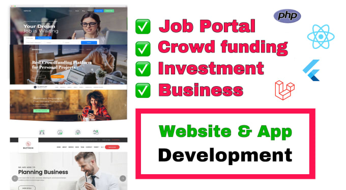 Gig Preview - Provide job portal, business website, investment, crowdfunding mobile app