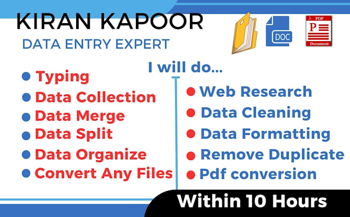 Gig Preview - Data entry, manual data entry typing work, convert PDF to all, copy paste