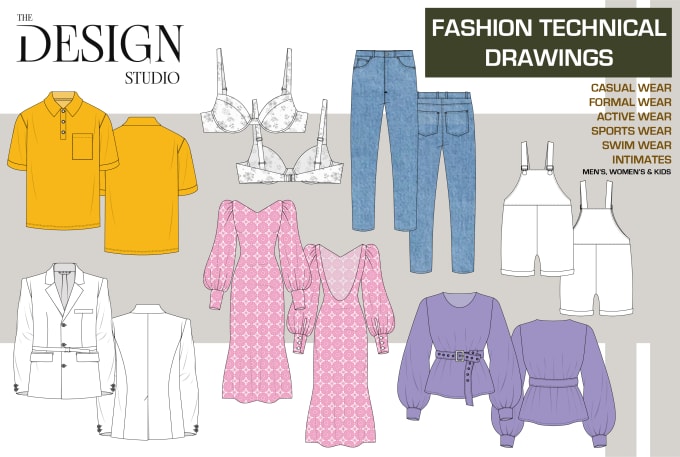 Gig Preview - Design fashion technical flat sketch and clothing tech packs