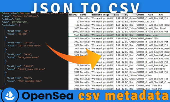 Gig Preview - Convert json metadata to csv for opensea nft