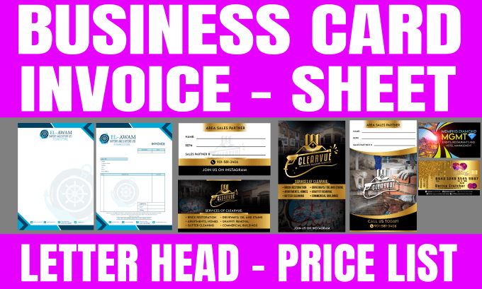 Gig Preview - Business card, invoice, letter head, price list, check list