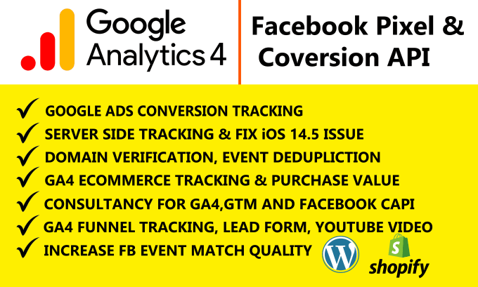 Gig Preview - Setup google analytics 4, ga4 ecommerce tracking, facebook pixel conversion API