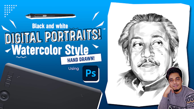 Bestseller - paint black and white digital portrait in watercolor style