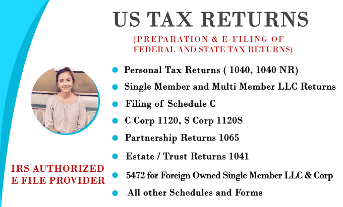 Gig Preview - Prepare and e file US tax returns for individual and business 1040, 1120, 1065