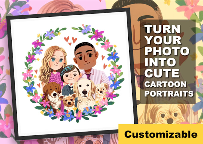 Gig Preview - Draw family pet wedding stylish cartoon portrait caricature