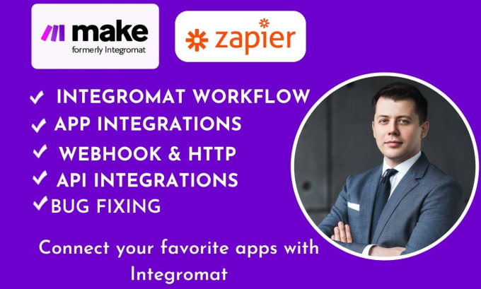 Gig Preview - Make integromat integration and automation, automate zapier workflow webhook CRM