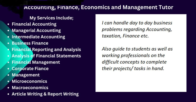 Gig Preview - Be your accounting finance economics taxation and management tutor