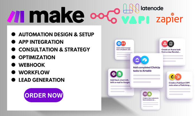 Gig Preview - Setup make com workflow, zapier automation integromat, made com, n8n, latenode