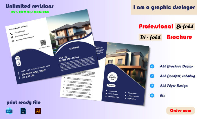 Gig Preview - Do design digital bifold trifold brochure, food and real estate brochure