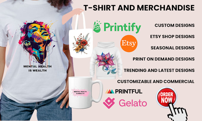 Gig Preview - Create trending designs for your t shirt mugs on gelato printiful printify pod