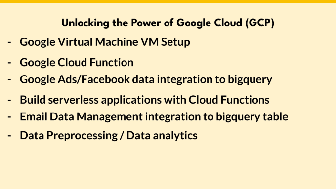 Gig Preview - Expert google cloud, cloud functions, firebase, vm, bigquery, etl data warehouse