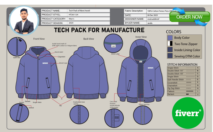 Gig Preview - Design clothing tech pack of fashion garments apparel color cad