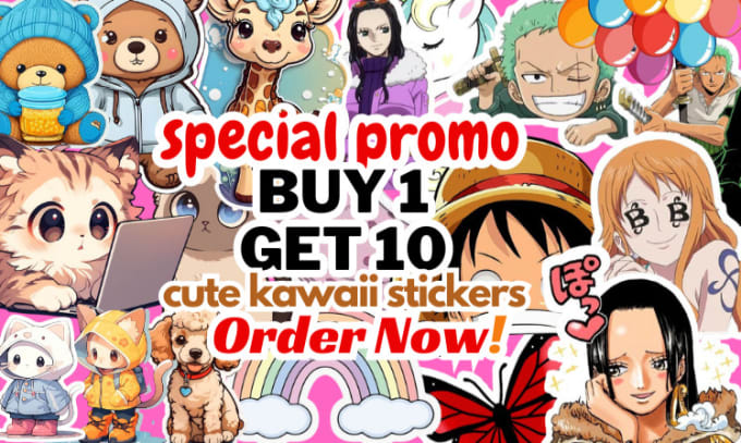 Gig Preview - Design free 10 cute kawaii animal, anime sticker packs in 1 hour