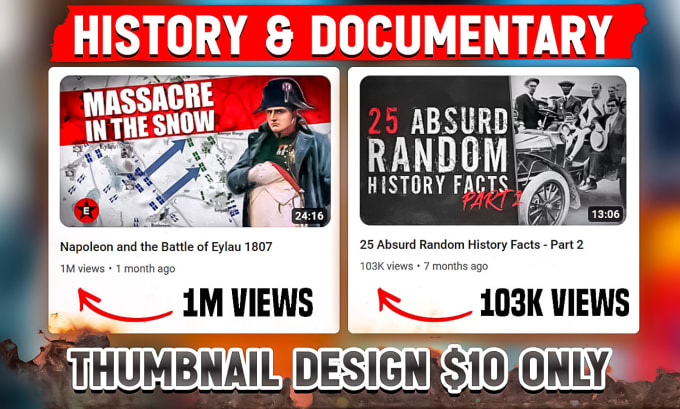 Bestseller - design youtube thumbnail for history and documentary channels in 10 hours