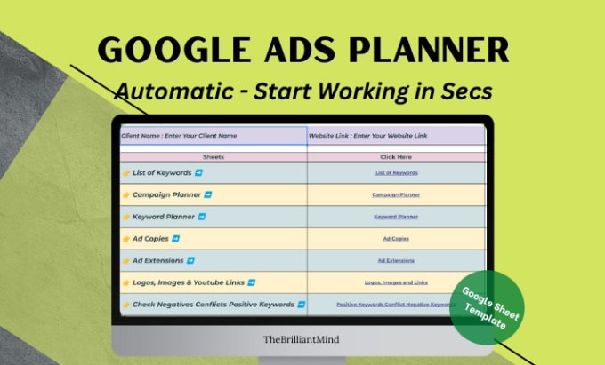 Gig Preview - Design google ads planner template, automate everything in seconds