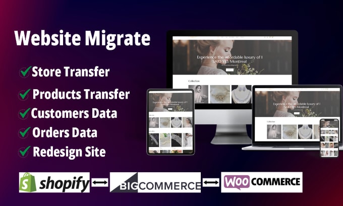 Gig Preview - Transfer website migration shopify wix bigcommerce woocommerce squarespace site