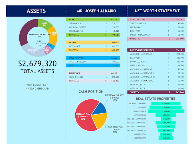 Gig Preview - Do comprehensive net worth calculation with detailed charts