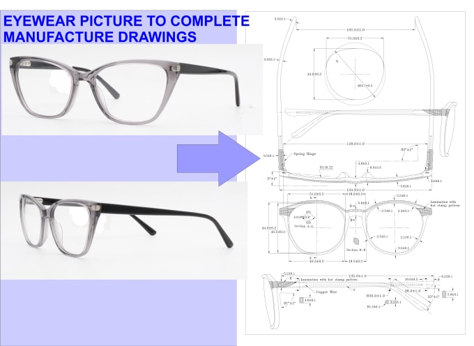 Gig Preview - Do eyewear sunglass cad technical drawings