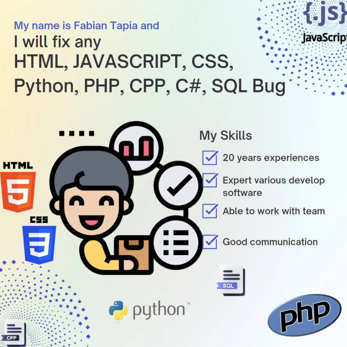 Gig Preview - Fix any HTML, CSS, javascript, PHP, cpp, csharp, sql bug