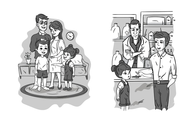 Gig Preview - Black and white cartoon illustrations for your book